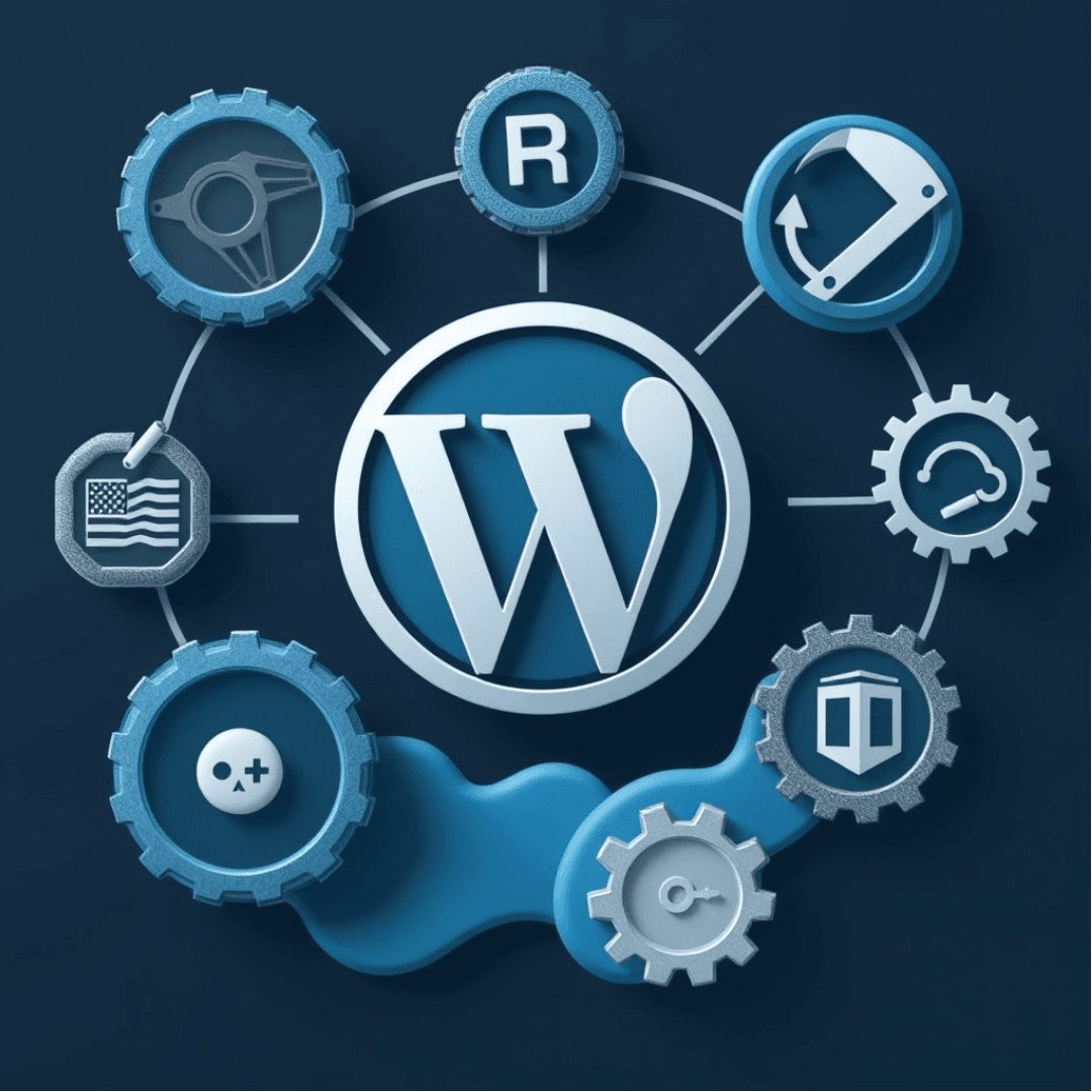 A picture of Wordpress, logo with maintenance symbols around the picture.